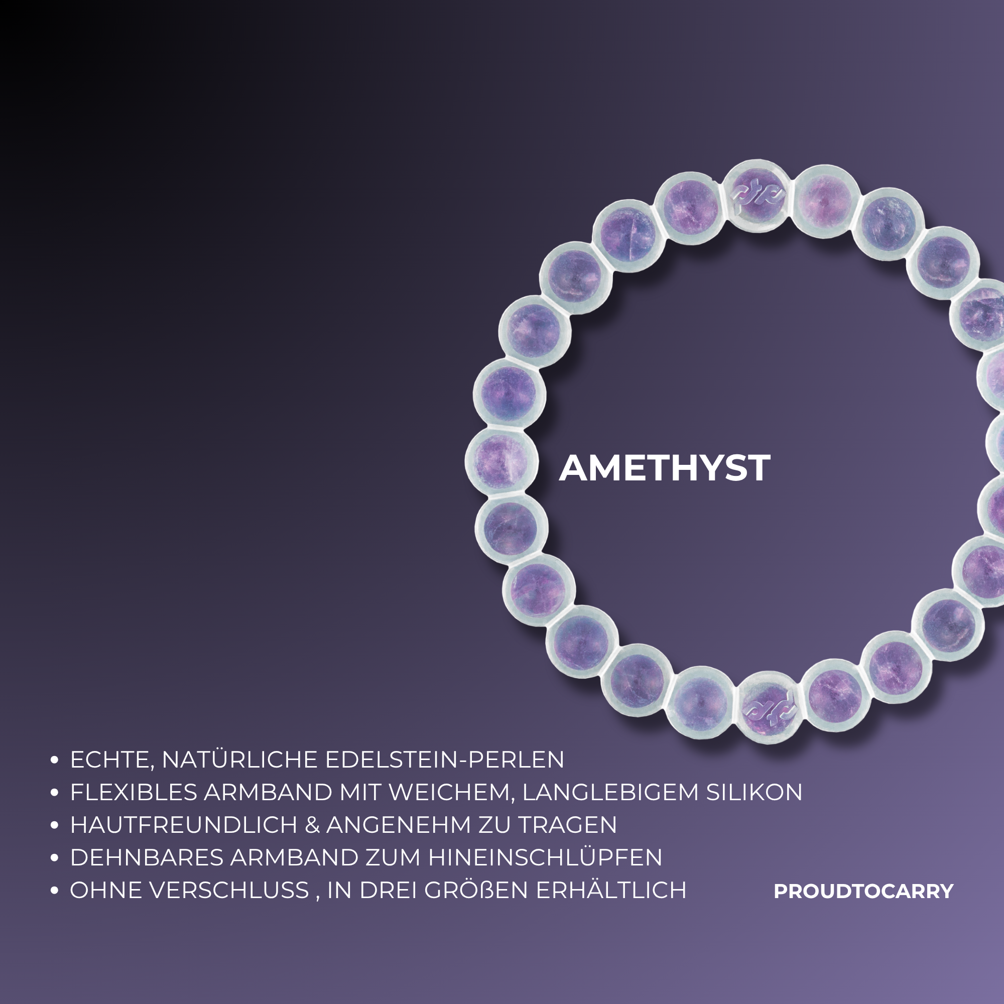 Edelstein Armband aus echtem Amethyst – geschützt in Silikon, einfach zum Hineinschlüpfen | Proudtocarry
