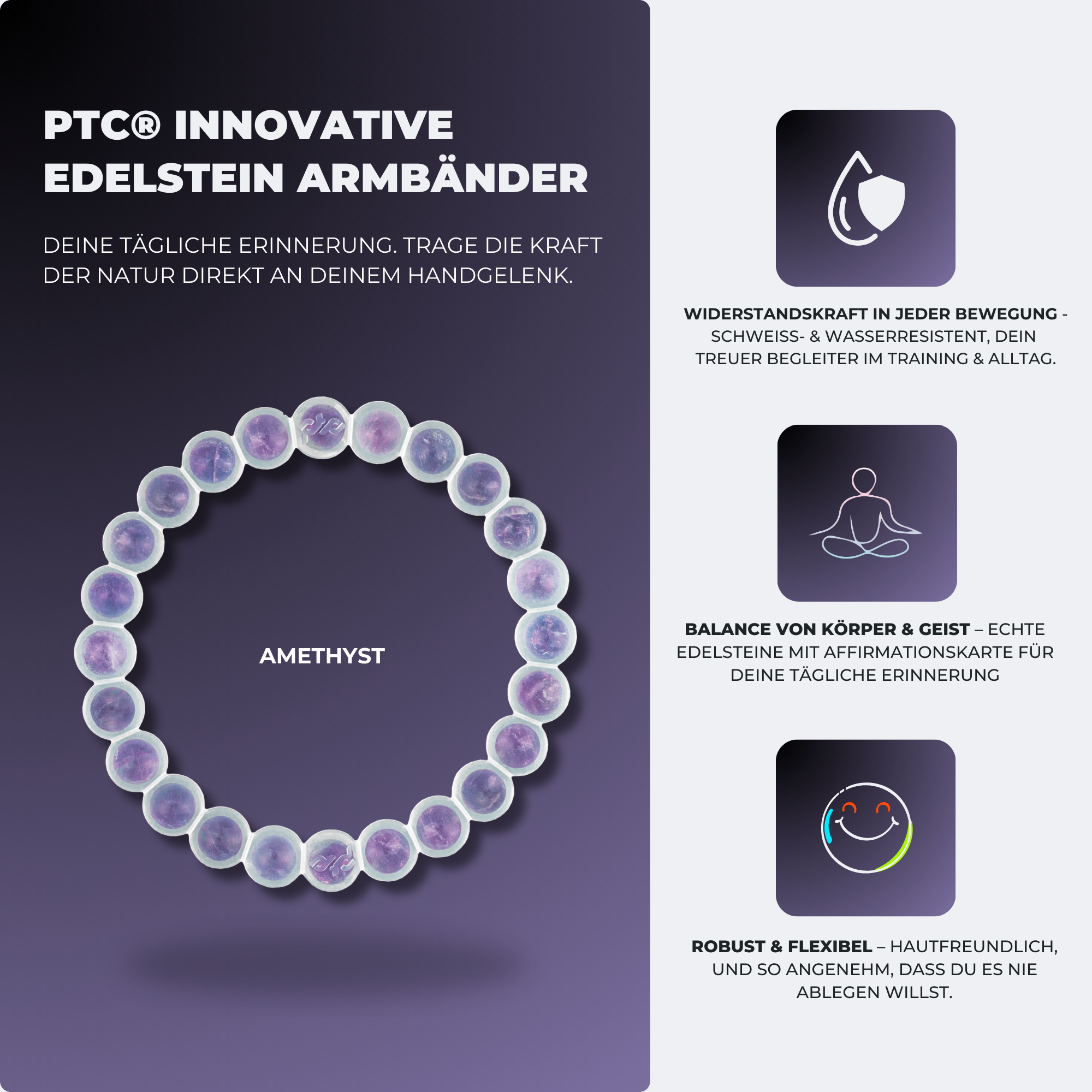 Edelstein Armband aus echtem Amethyst – geschützt in Silikon, einfach zum Hineinschlüpfen | inkl. Affirmationskarte
