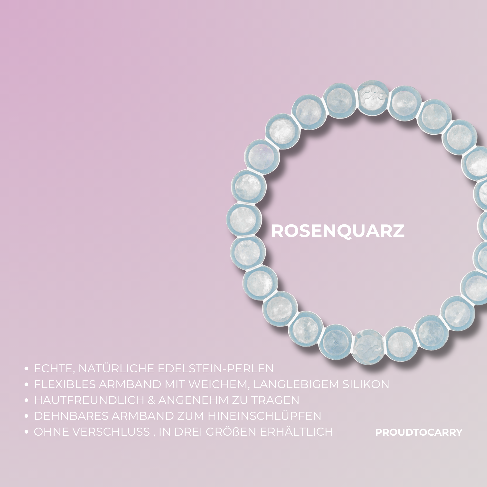 Edelstein Armband aus echtem Rosenquarz – geschützt in Silikon, einfach zum Hineinschlüpfen | Proudtocarry