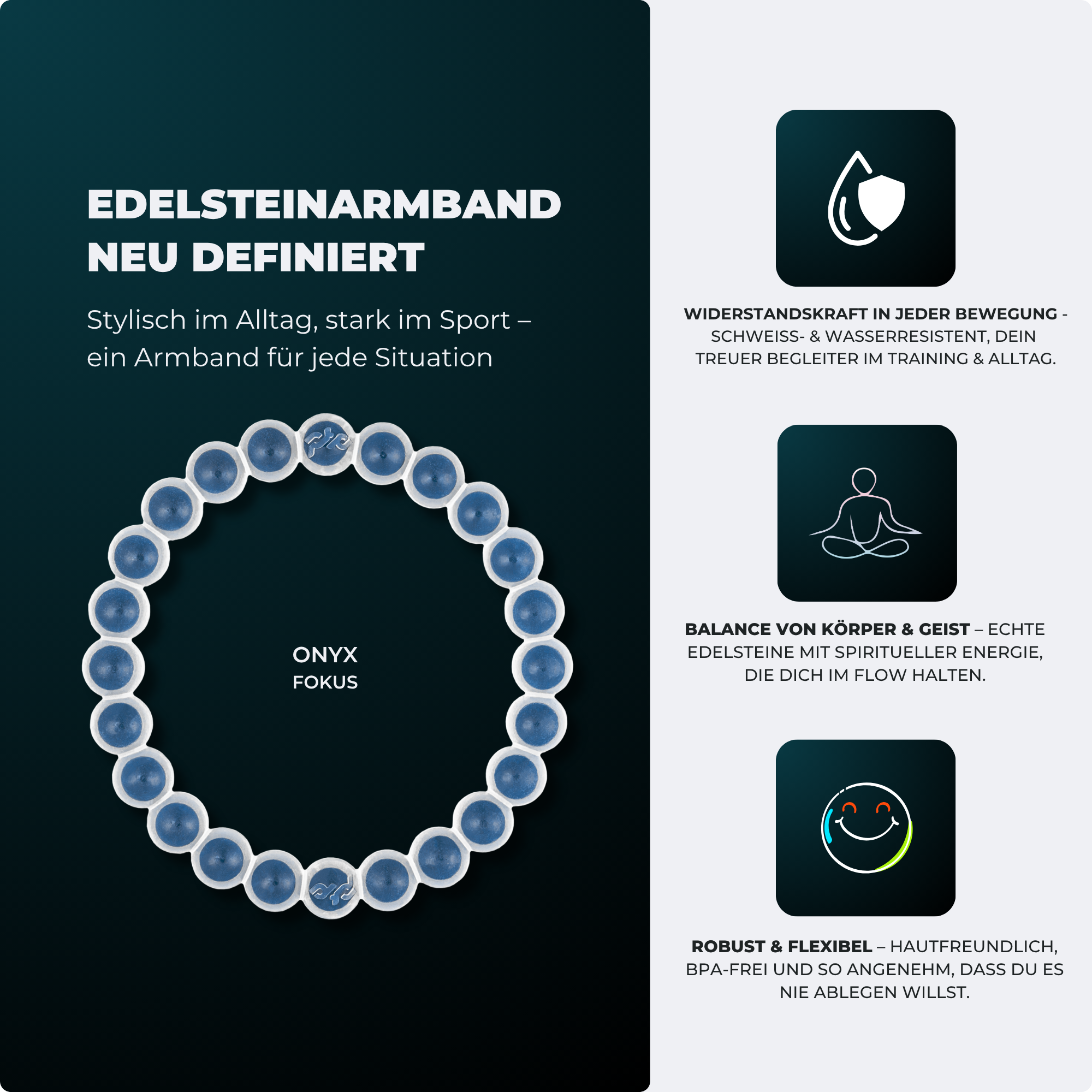 Edelstein Armband aus echtem Onyx – geschützt in Silikon, einfach zum Hineinschlüpfen | Proudtocarry