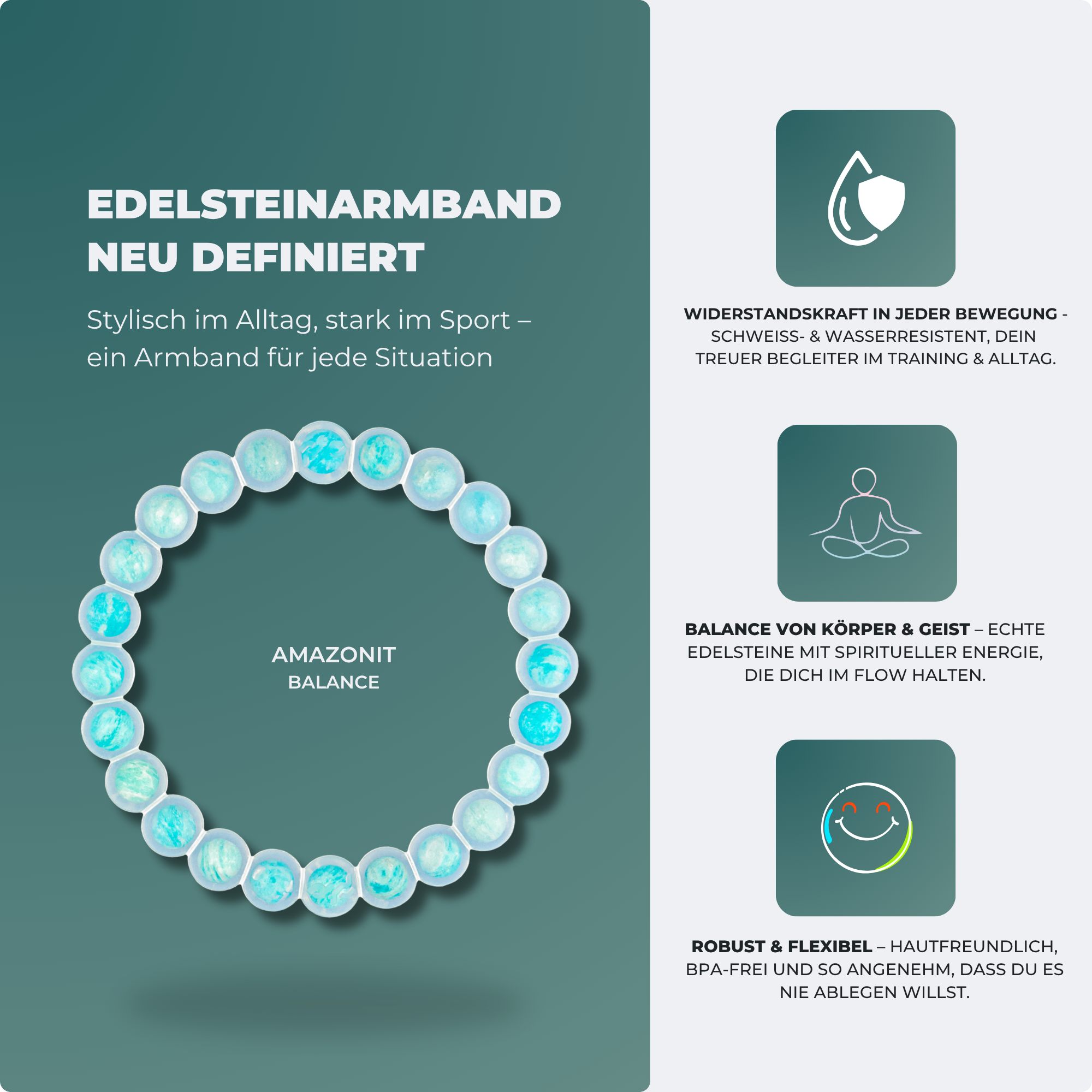Edelstein Armband aus echtem Amazonit – geschützt in Silikon, einfach zum Hineinschlüpfen | Proudtocarry