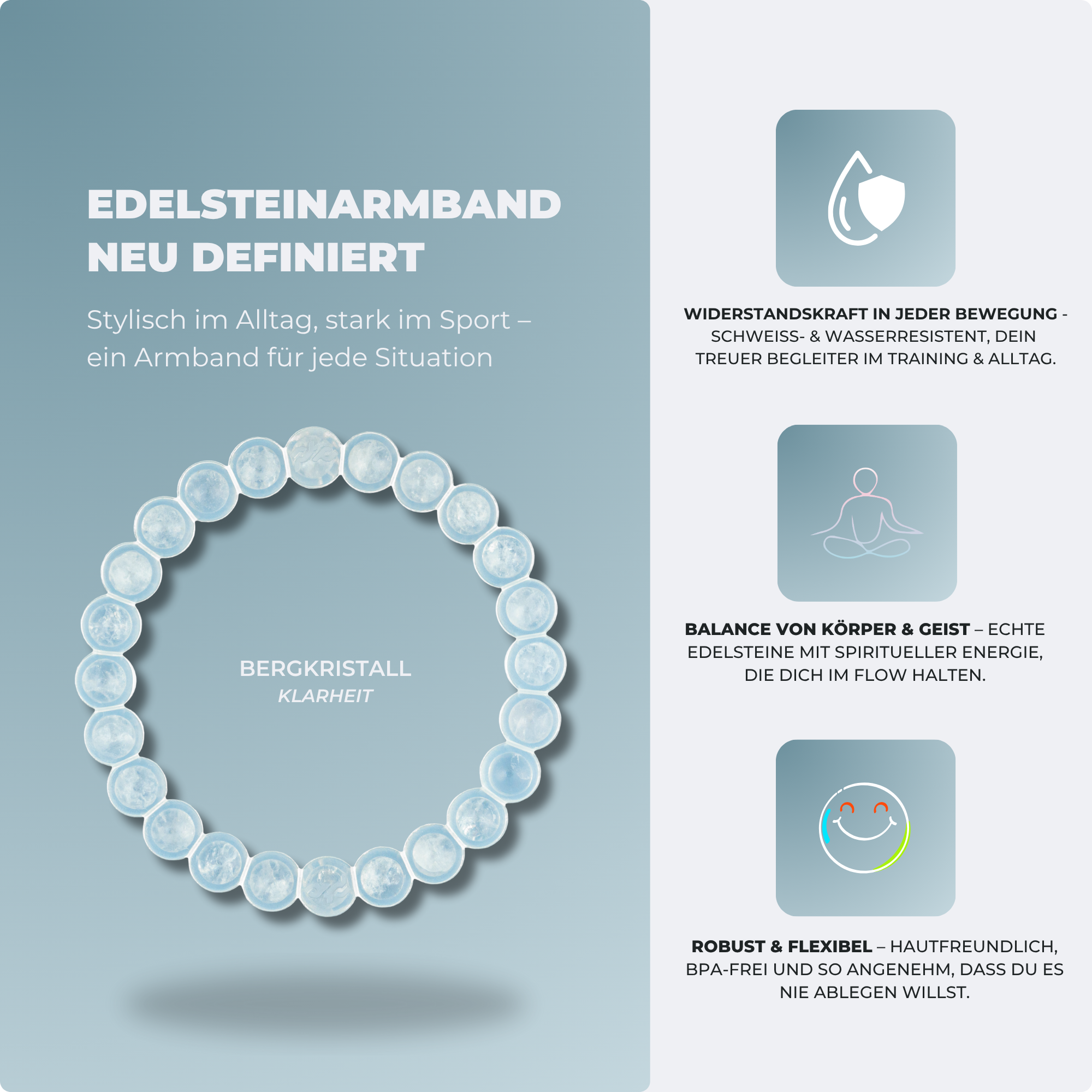 Edelstein Armband aus echtem Bergkristall – geschützt in Silikon, einfach zum Hineinschlüpfen | Proudtocarry