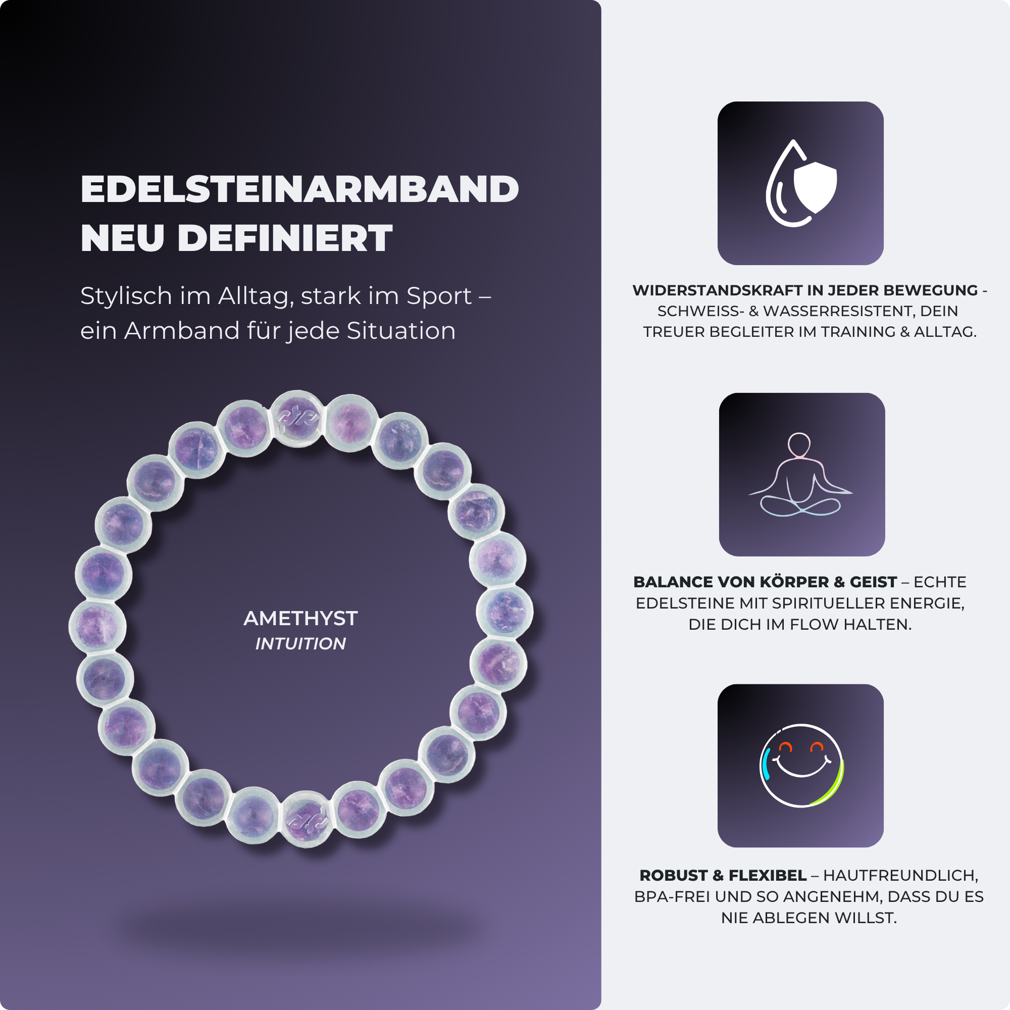 Edelstein Armband aus echtem Amethyst – geschützt in Silikon, einfach zum Hineinschlüpfen | Proudtocarry