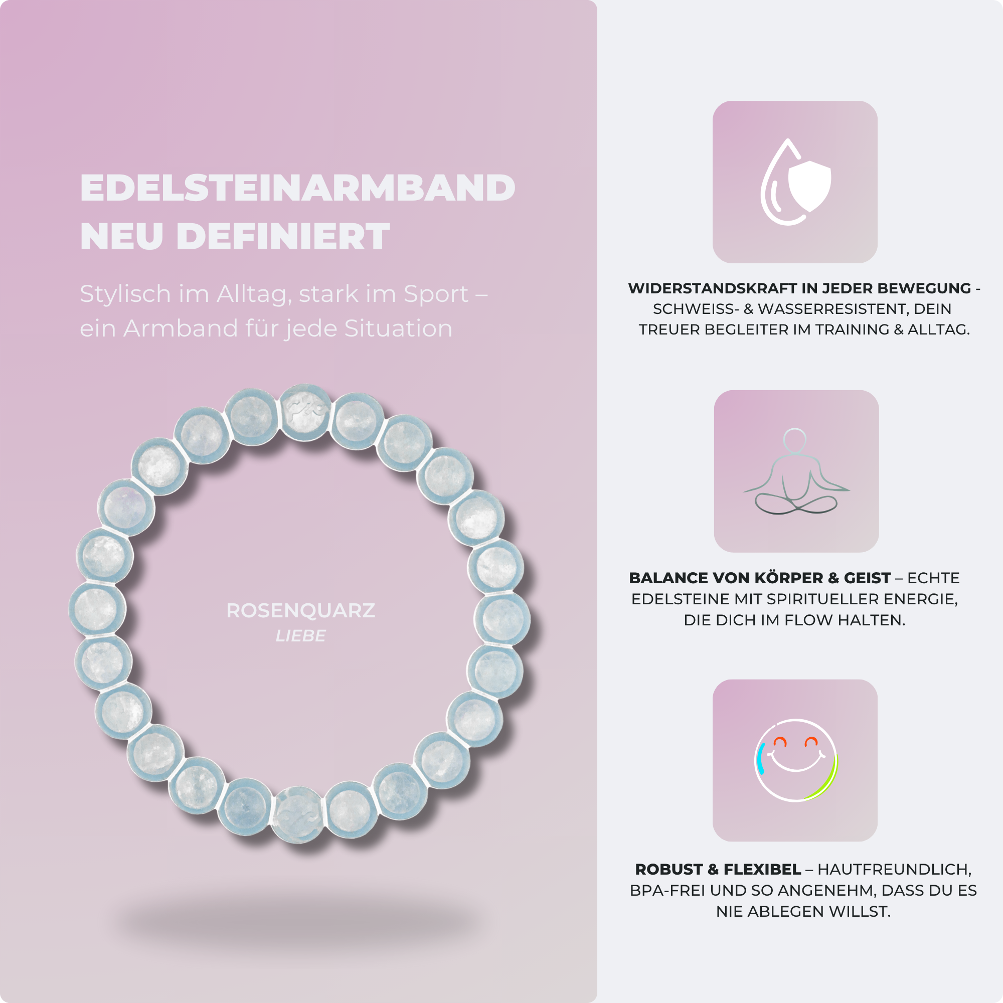 Edelstein Armband aus echtem Rosenquarz – geschützt in Silikon, einfach zum Hineinschlüpfen | Proudtocarry