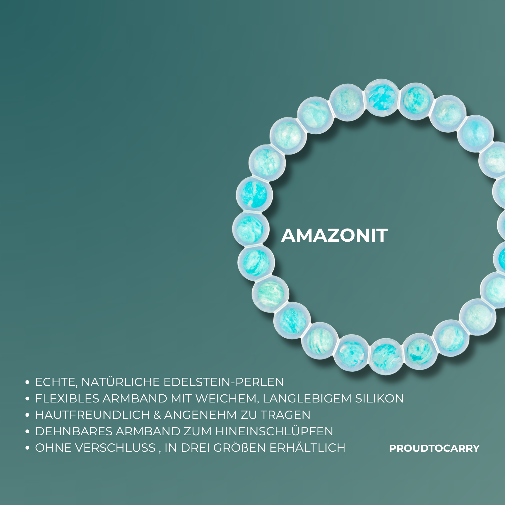 Edelstein Armband aus echtem Amazonit – geschützt in Silikon, einfach zum Hineinschlüpfen | Proudtocarry